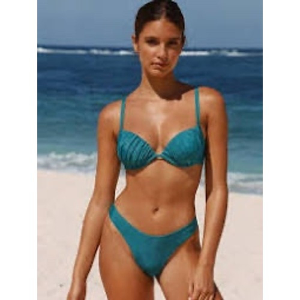 SeaMolly SOLID COLOR RUCHED TOP & CHEEKY BRAZILIAN BOTTOM BIKINI Blue Small NWT